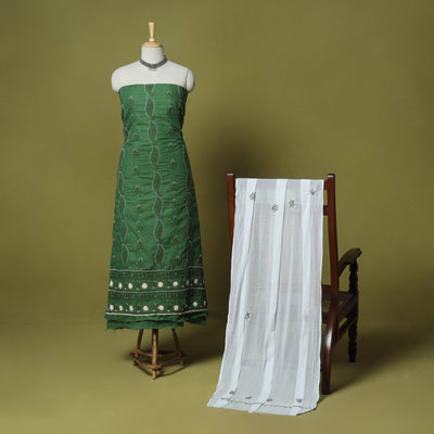 Green - 3pc hand embroidery cotton lucknow chikankari dress