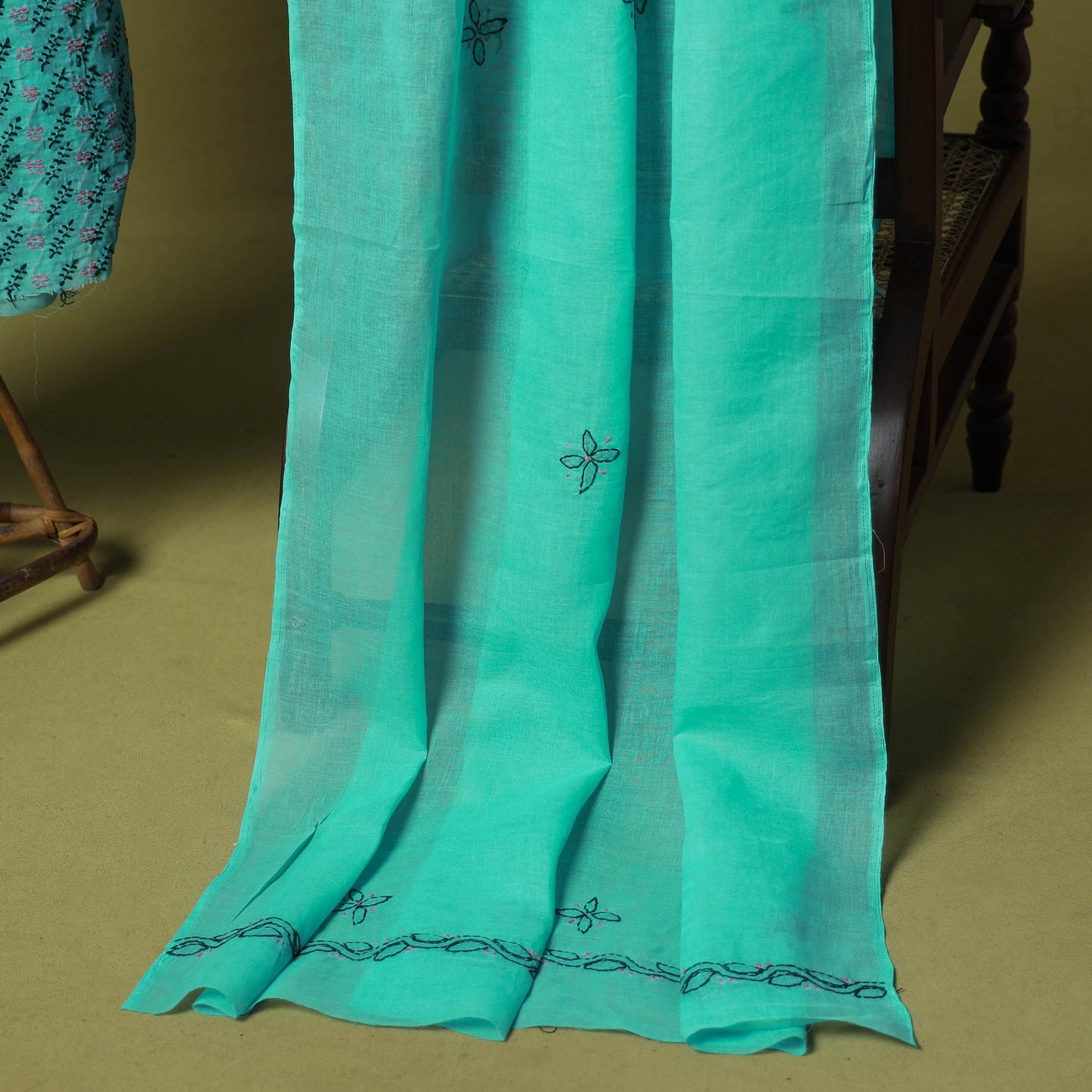 Green - 3pc hand embroidery cotton lucknow chikankari dress