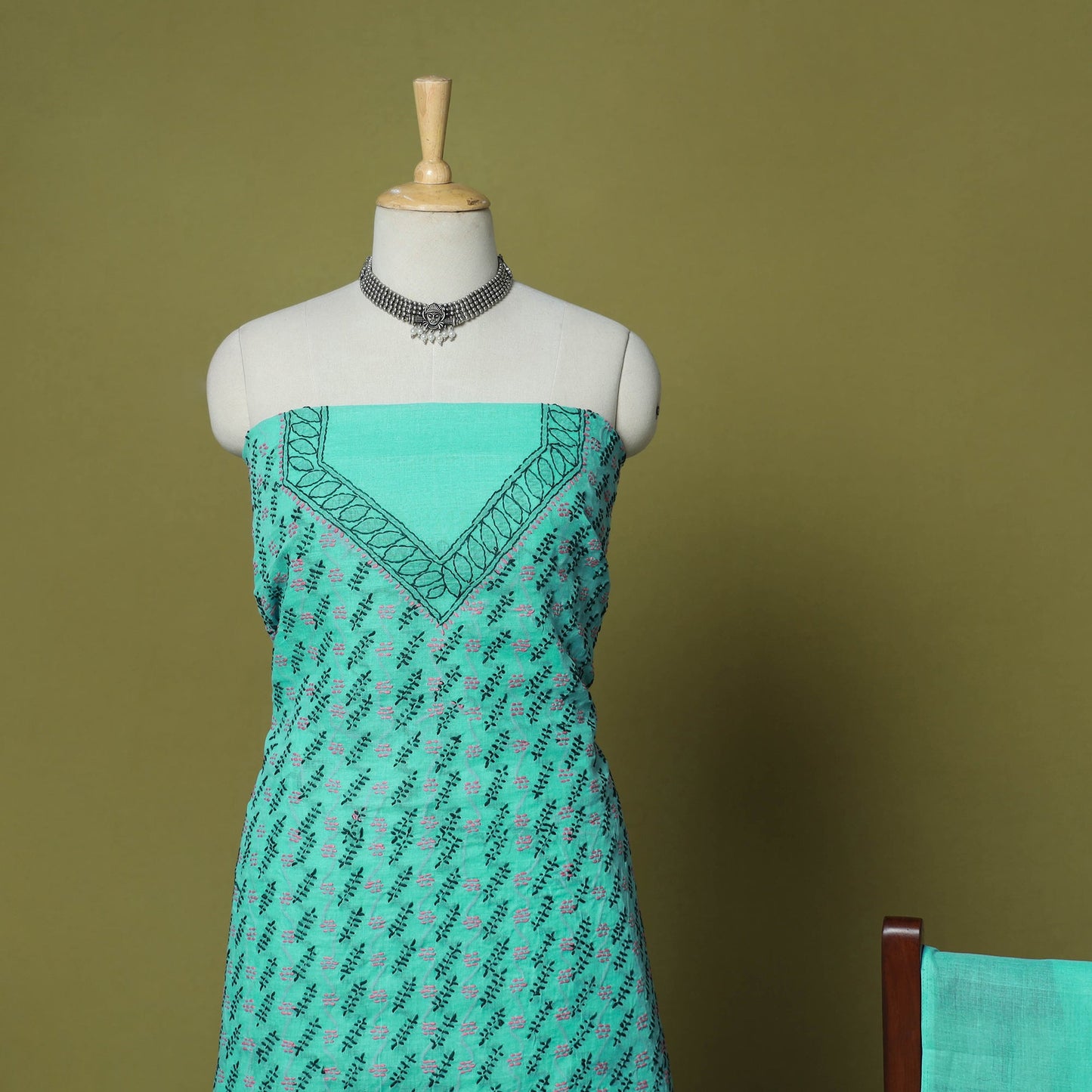 Green - 3pc hand embroidery cotton lucknow chikankari dress