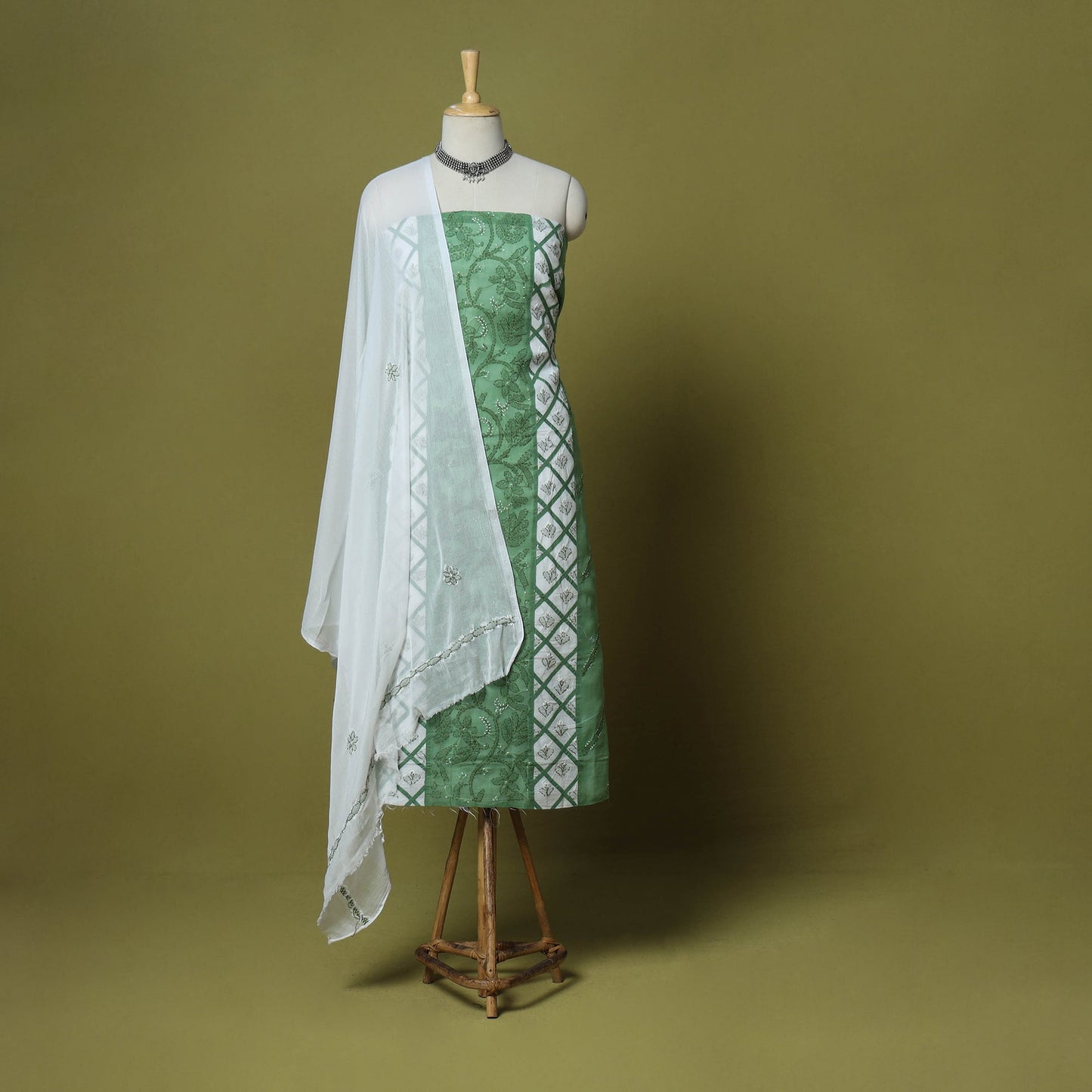 Green - 3pc hand embroidery cotton lucknow chikankari dress