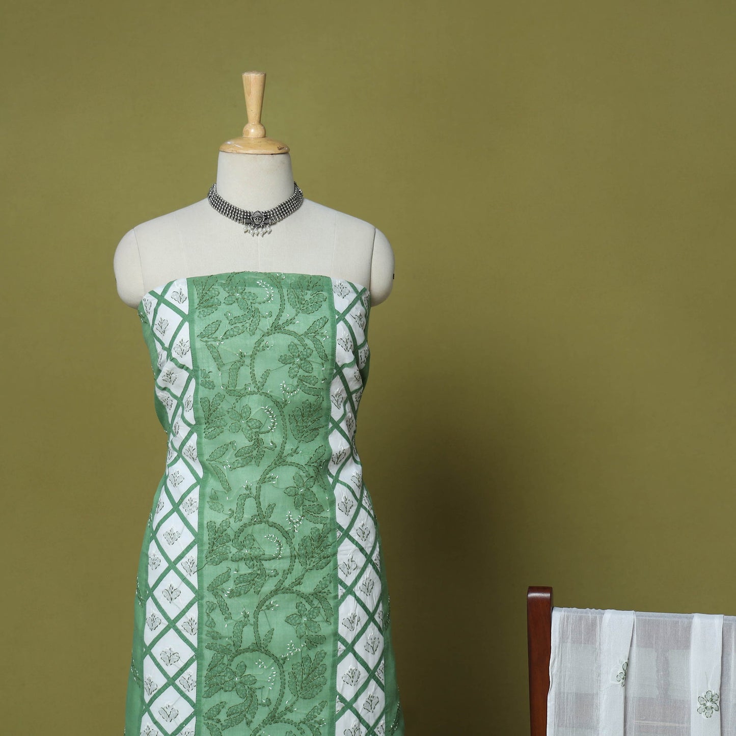 Green - 3pc hand embroidery cotton lucknow chikankari dress