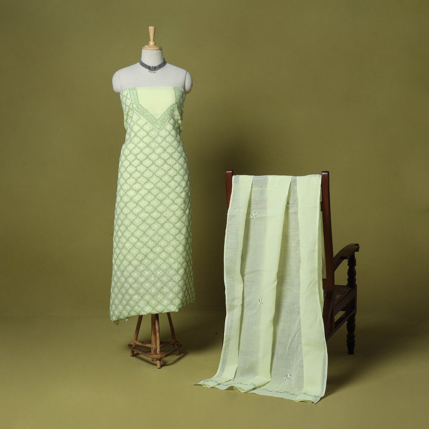 Green - 3pc hand embroidery cotton lucknow chikankari dress