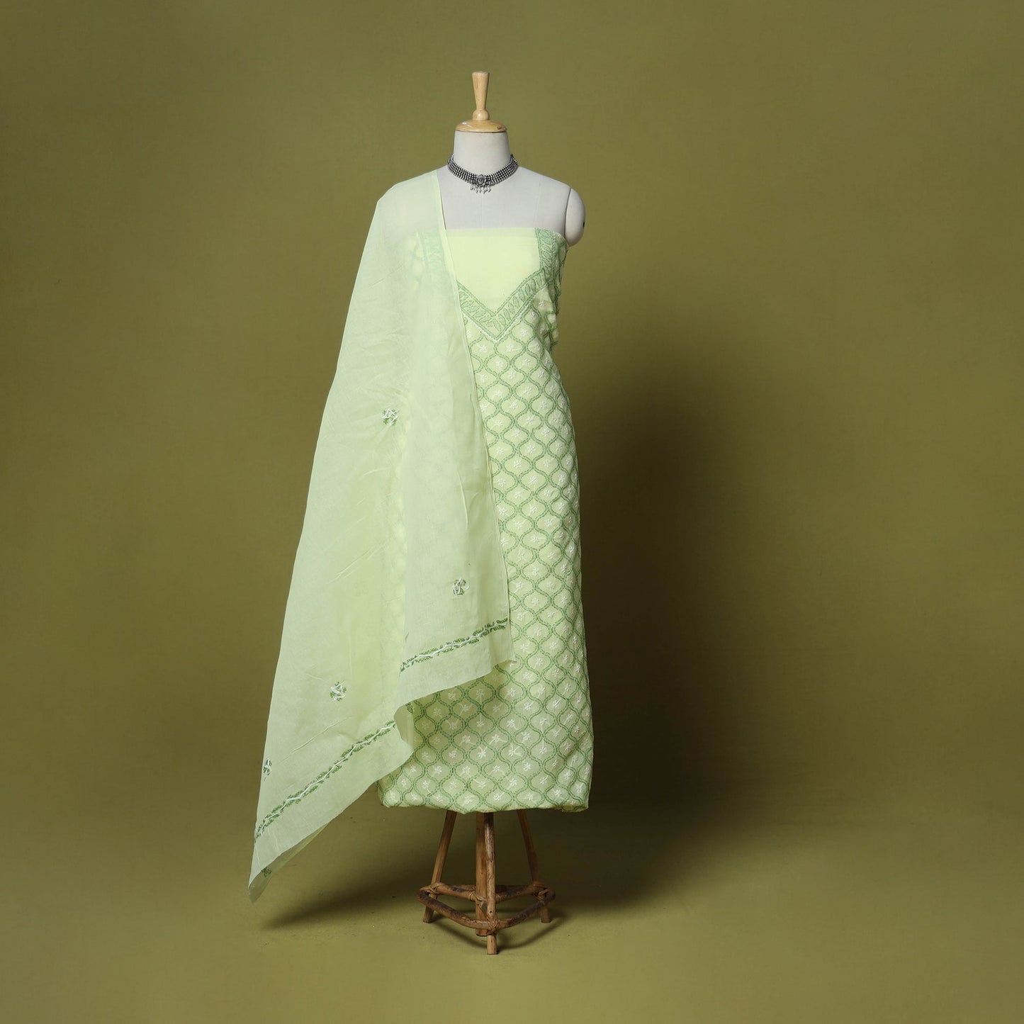 Green - 3pc hand embroidery cotton lucknow chikankari dress