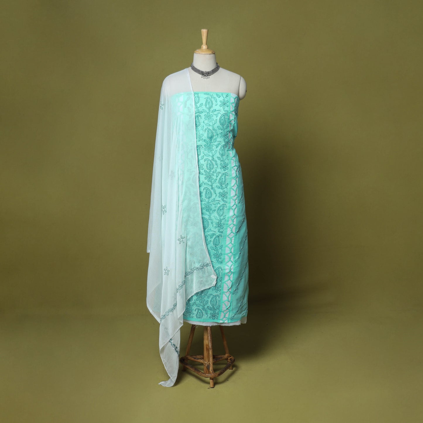 Green - 3pc hand embroidery cotton lucknow chikankari dress