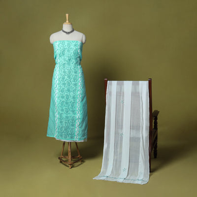 Green - 3pc hand embroidery cotton lucknow chikankari dress