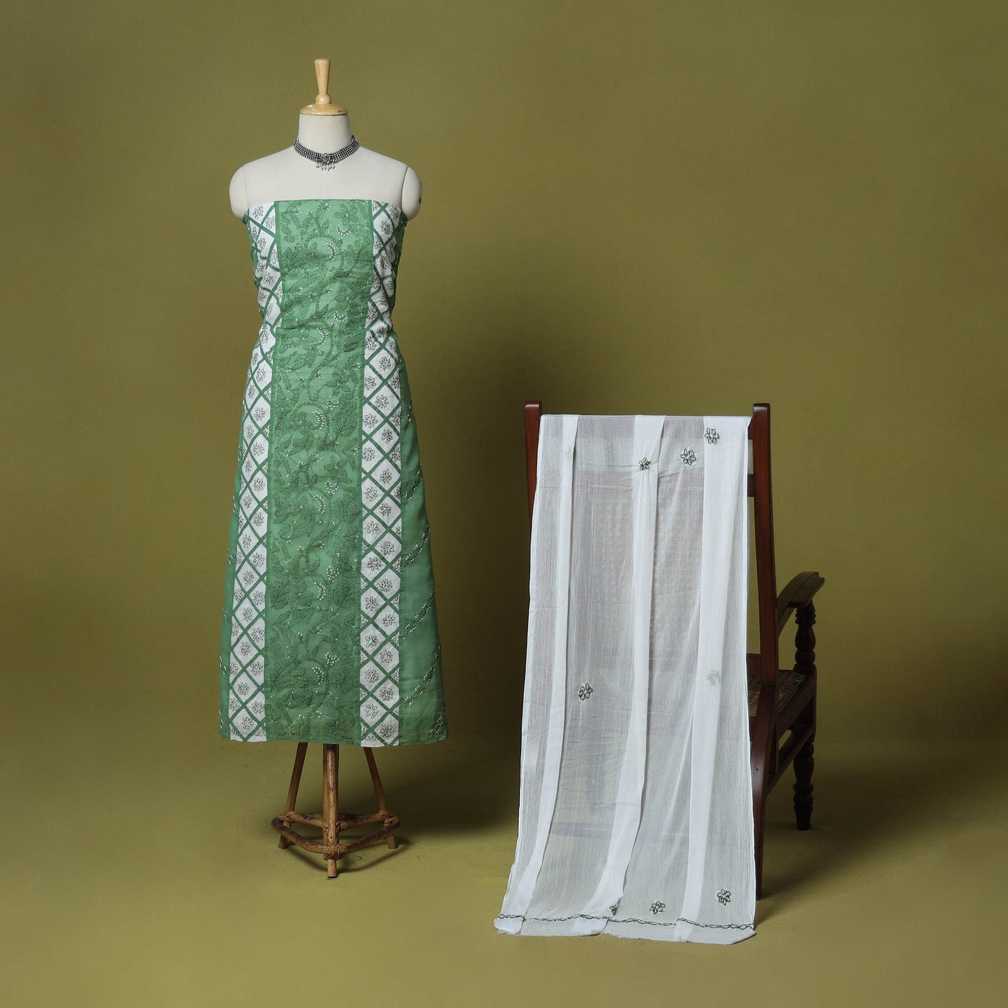 Green - 3pc hand embroidery cotton lucknow chikankari dress