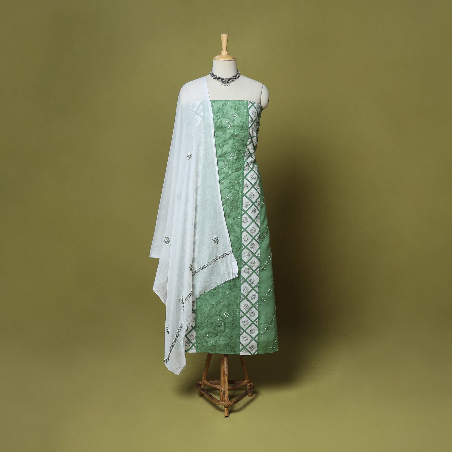 Green - 3pc hand embroidery cotton lucknow chikankari dress