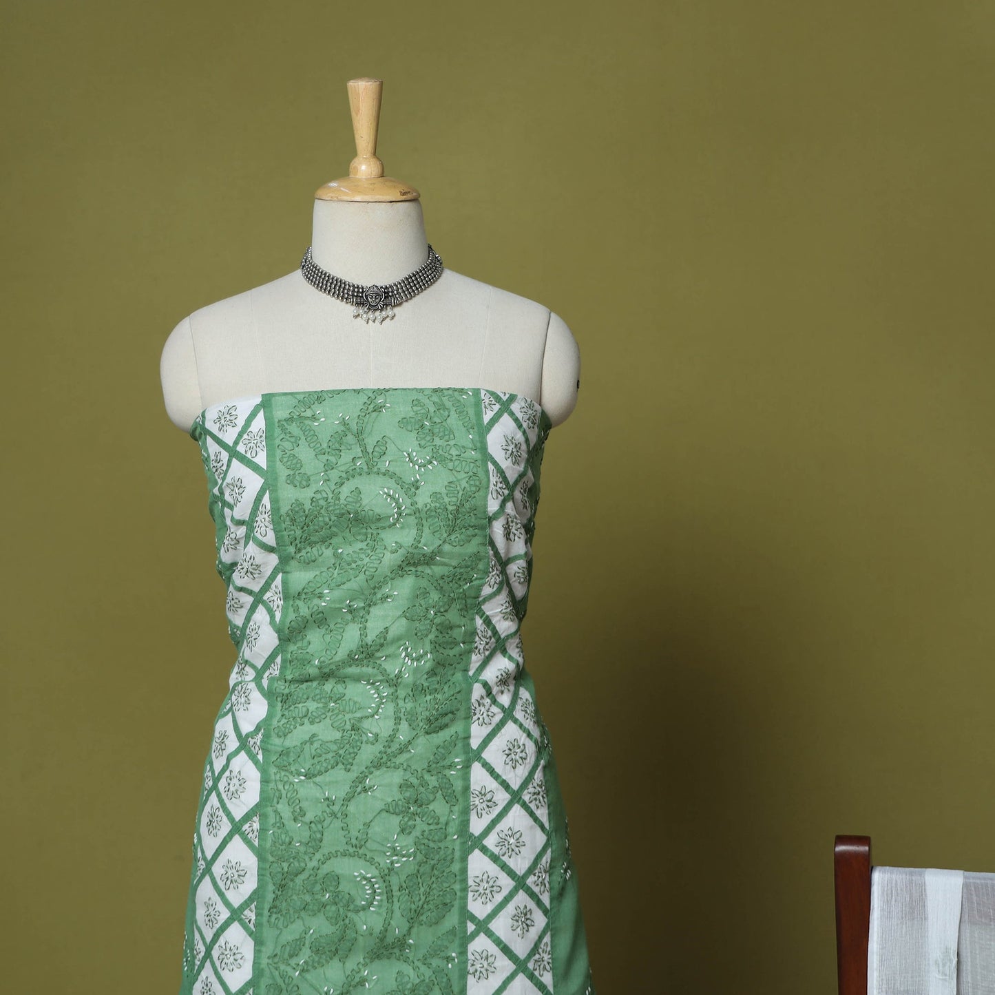 Green - 3pc hand embroidery cotton lucknow chikankari dress