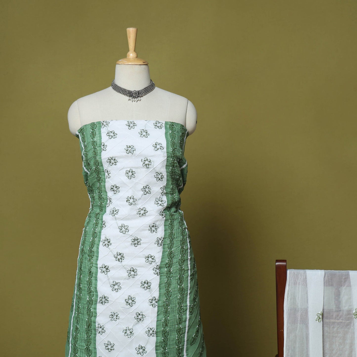Green - 3pc hand embroidery cotton lucknow chikankari dress