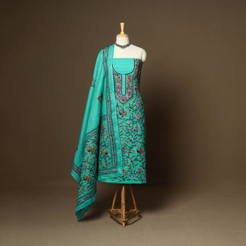 Green - 3pc hand embroidery cotton unstitched phulkari