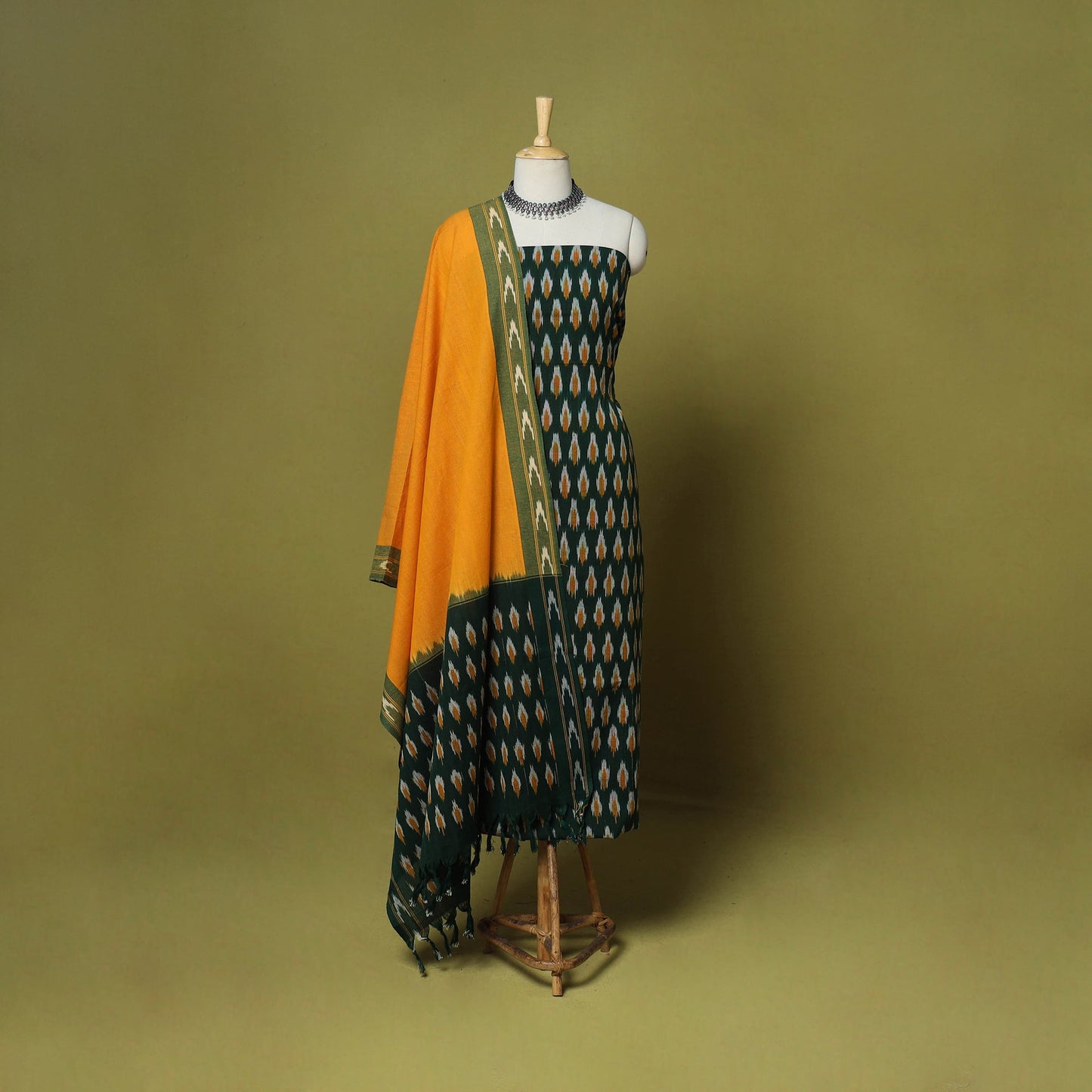Green - 3pc handloom cotton unstitched pochampally ikat