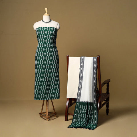 Green - 3pc handloom cotton unstitched pochampally ikat