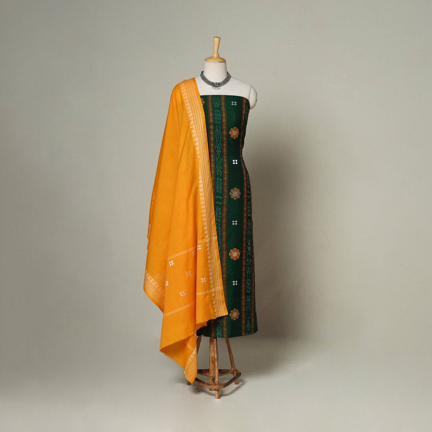 Green - 3pc handloom cotton unstitched sambalpuri dress