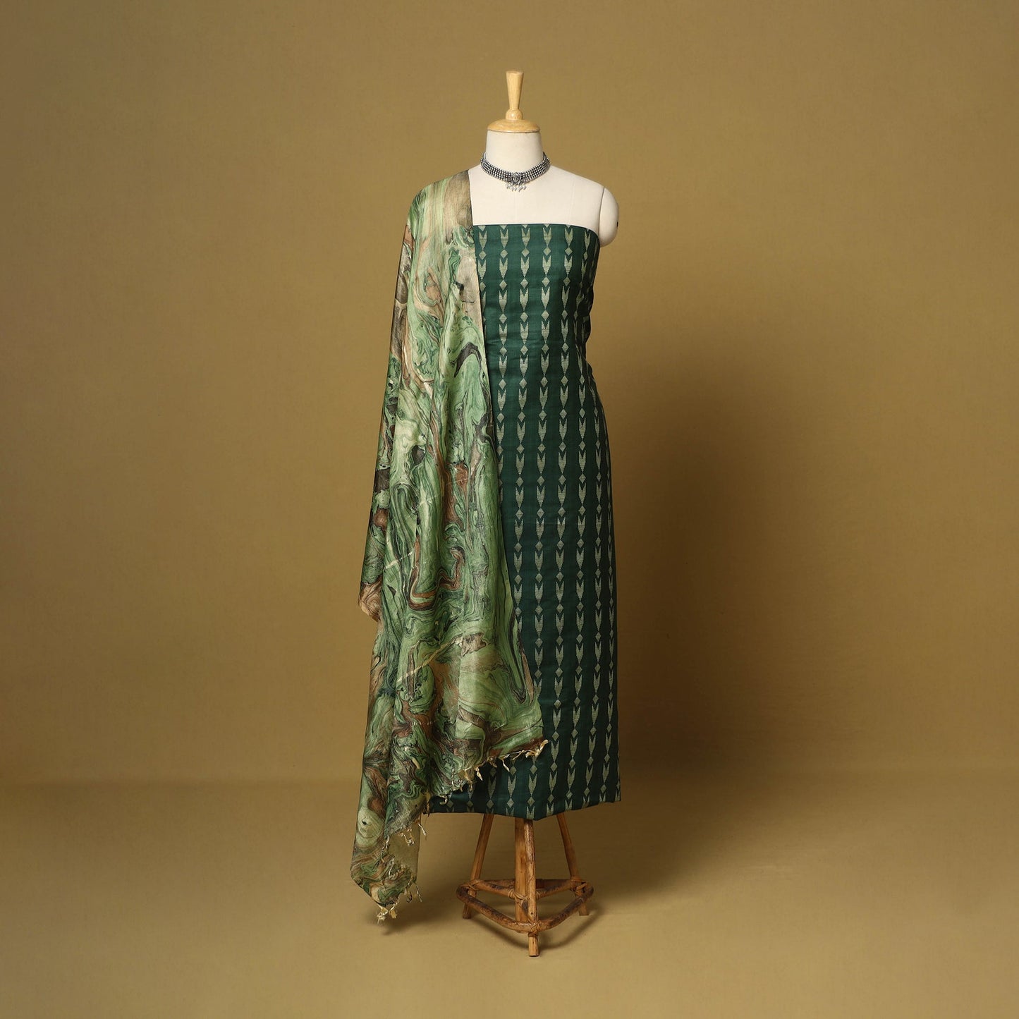 Green - 3pc handloom mulberry unstitched suit material set