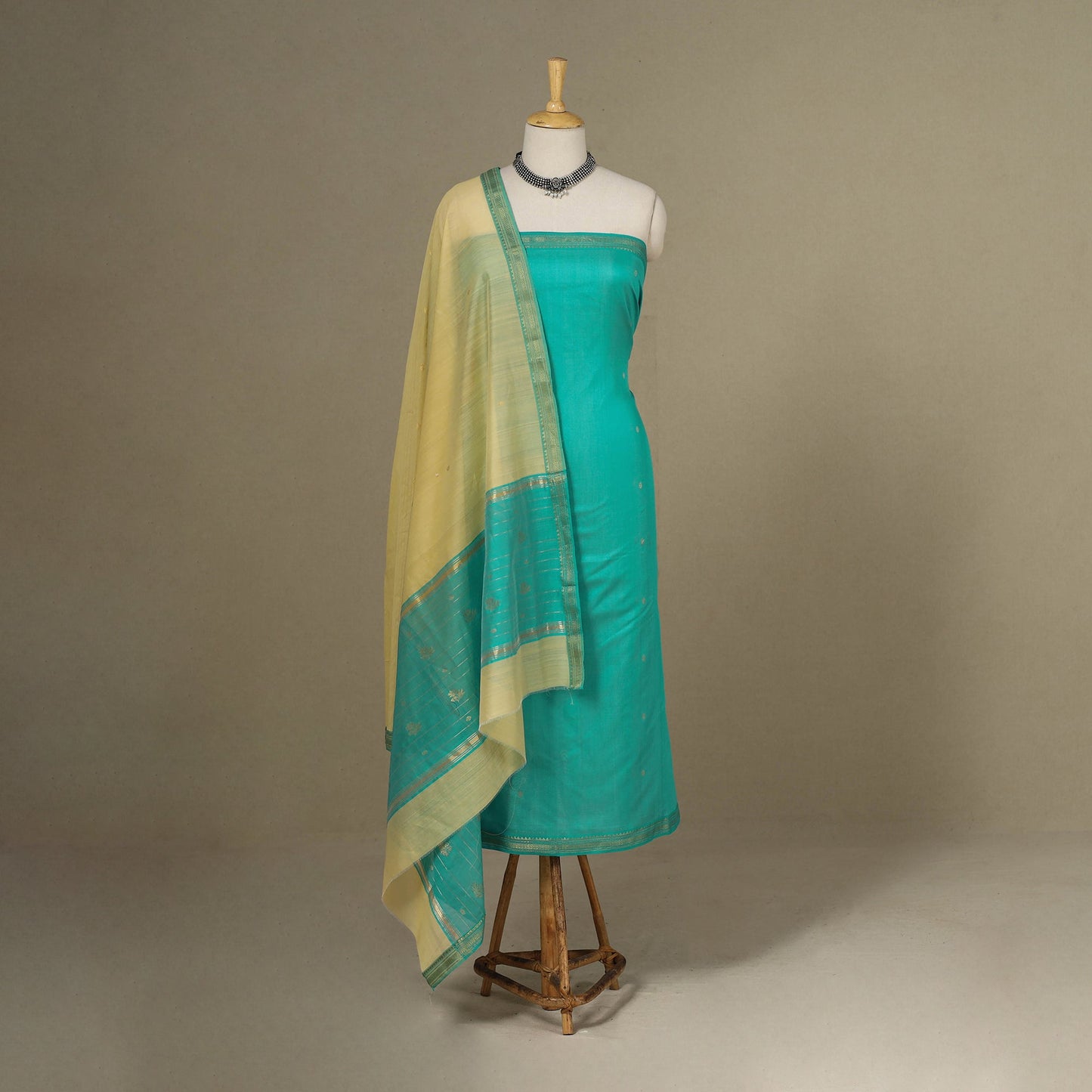 Green - 3pc Handloom Nakshi Zari Unstitched Chanderi Silk Dress Material 