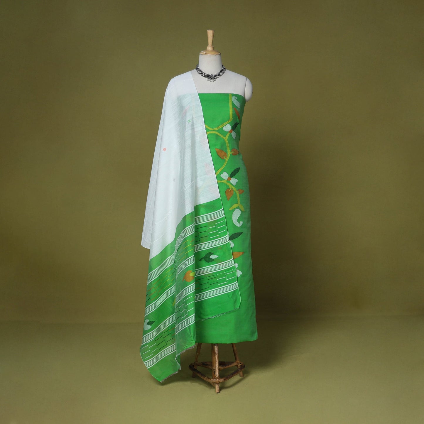 Green - 3pc handloom silk cotton unstitched phulia jamdani