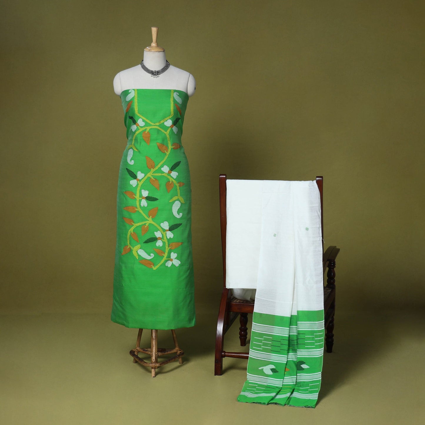 Green - 3pc handloom silk cotton unstitched phulia jamdani