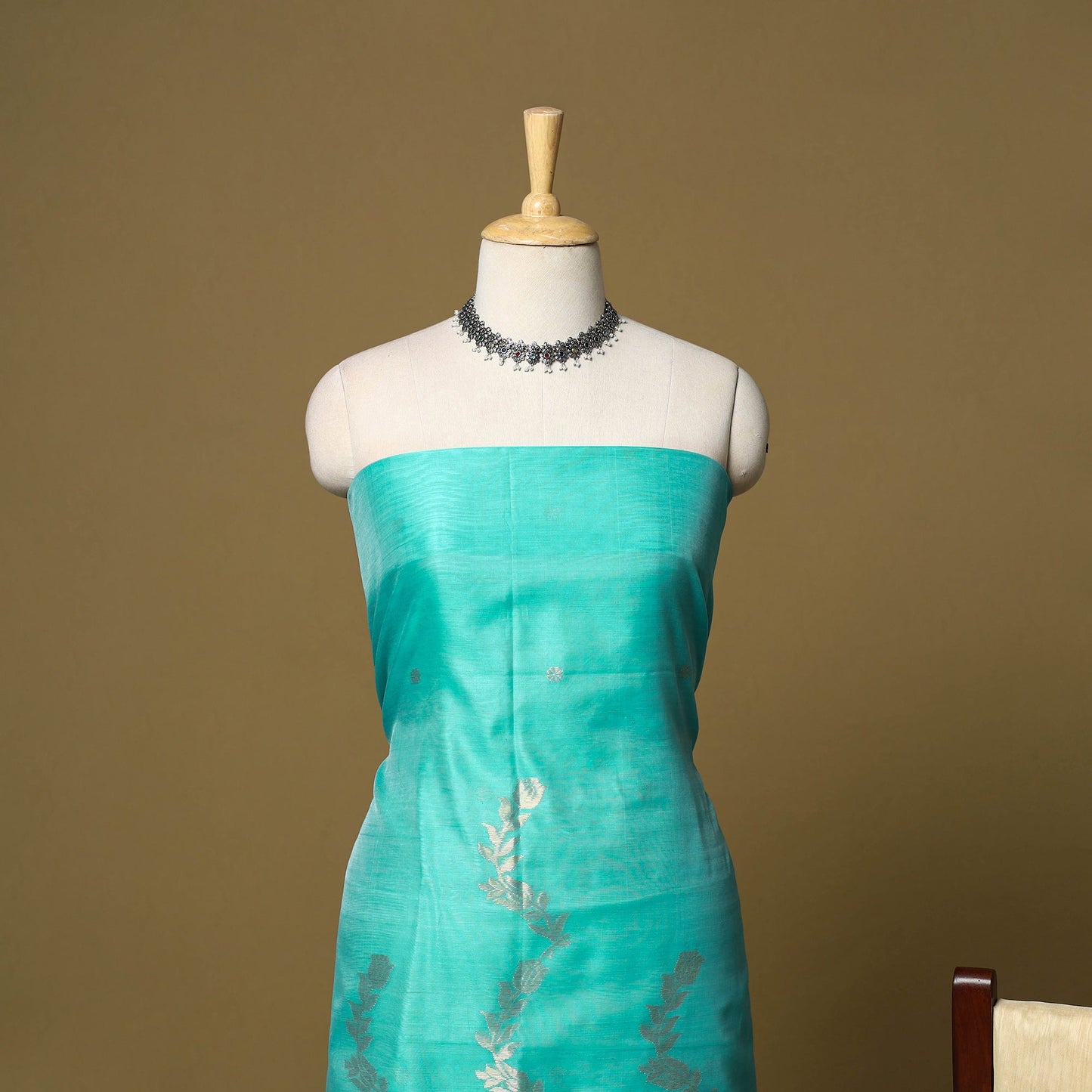 Green - 3pc handloom zari buta unstitched chanderi silk