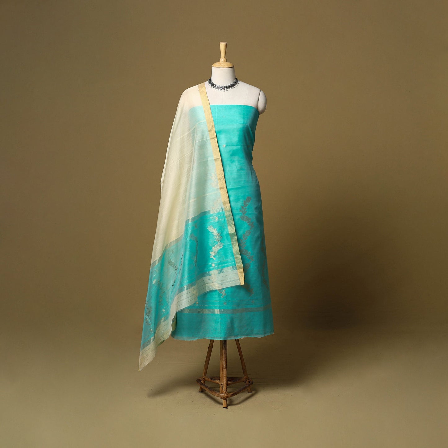 Green - 3pc handloom zari buta unstitched chanderi silk