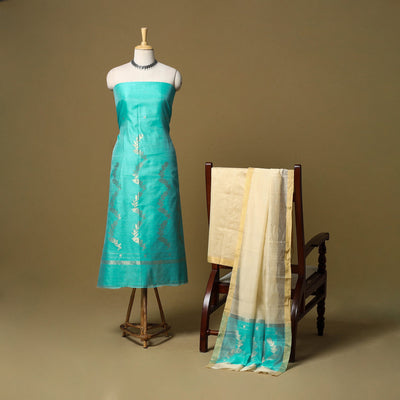 Green - 3pc handloom zari buta unstitched chanderi silk