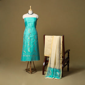 Green - 3pc handloom zari buta unstitched chanderi silk