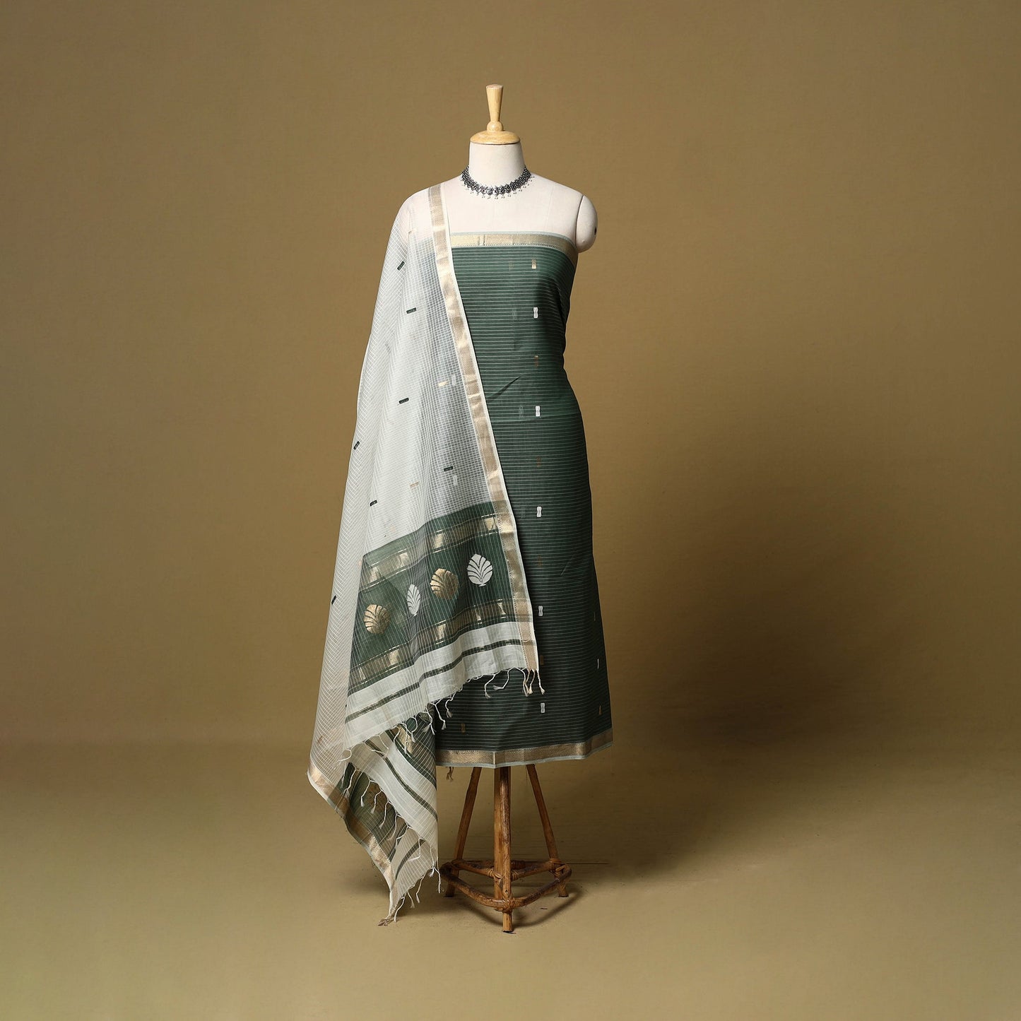 Green - 2pc handloom zari buti unstitched chanderi silk