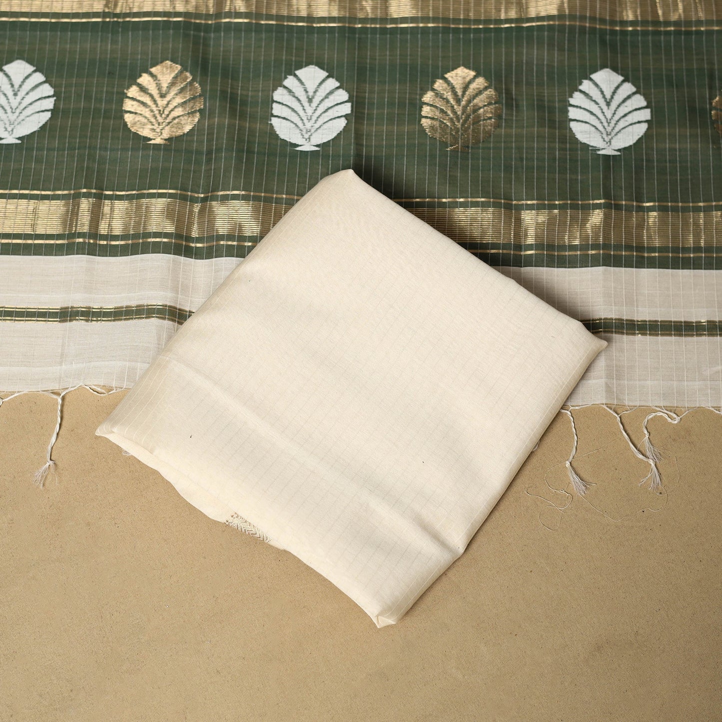 Green - 2pc handloom zari buti unstitched chanderi silk