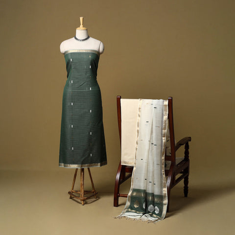 Green - 2pc handloom zari buti unstitched chanderi silk