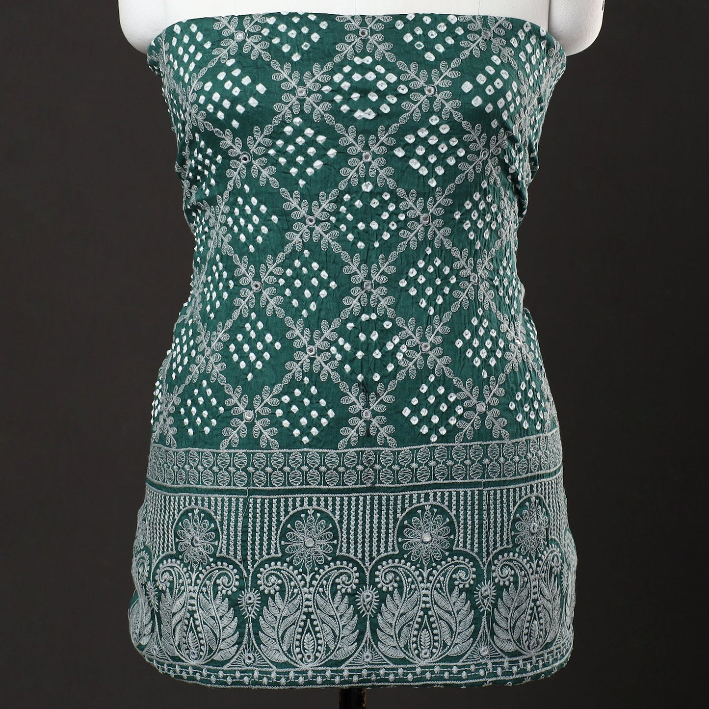  3pc Kutch Bandhani Tie-Dye Mirror Work Satin Cotton Suit Material Set 74 