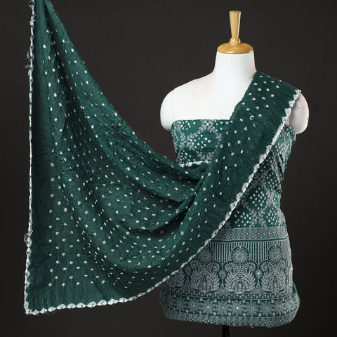  3pc Kutch Bandhani Tie-Dye Mirror Work Satin Cotton Suit Material Set 74 