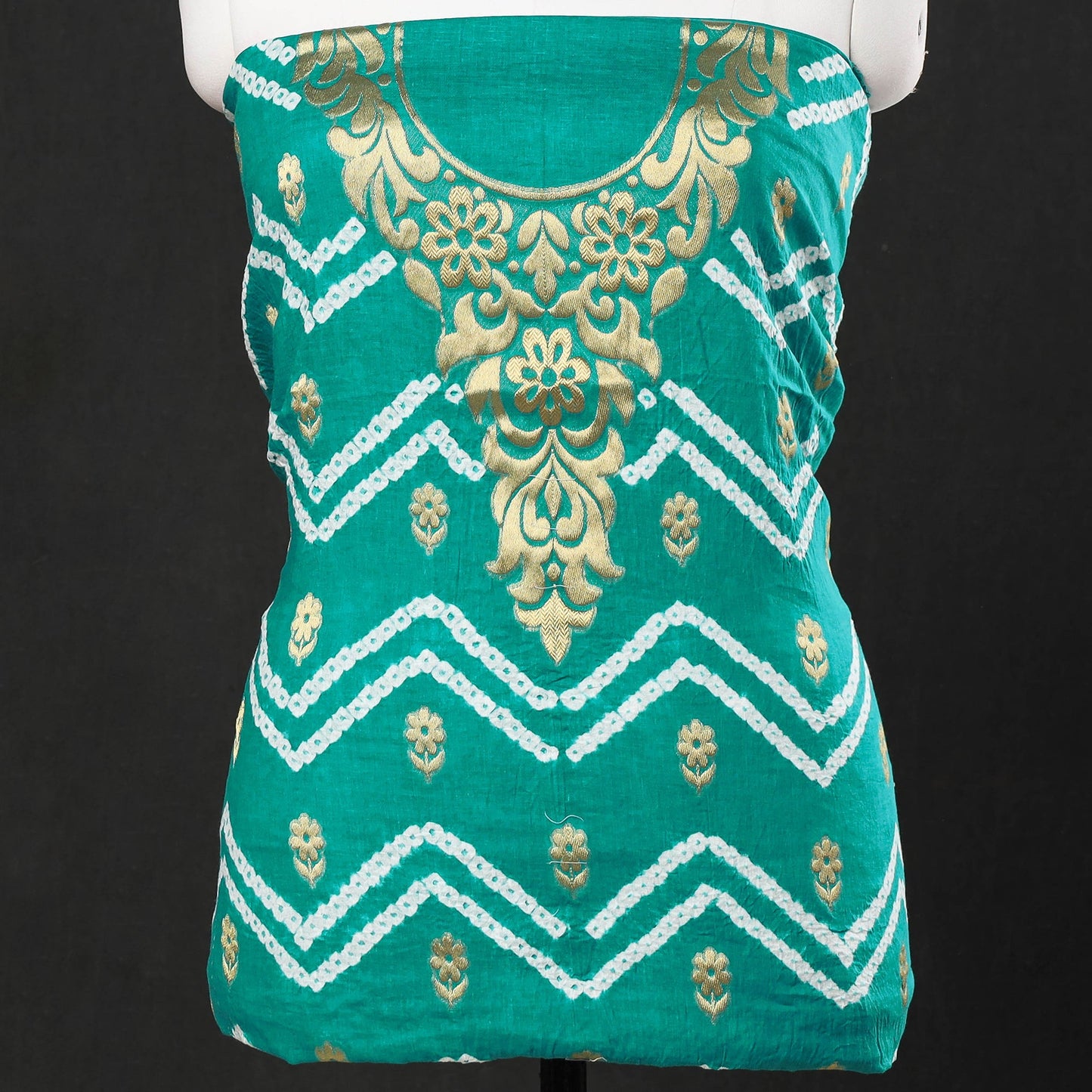  3pc Kutch Bandhani Tie-Dye Satin Cotton Zari Work Suit Material Set 