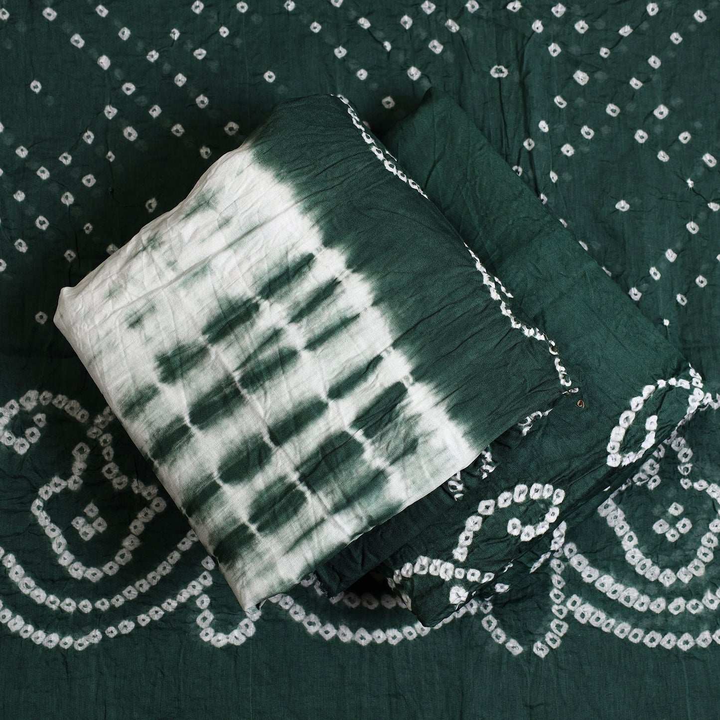 3pc Green Kutch Cotton Shibori Bandhani Dress Material