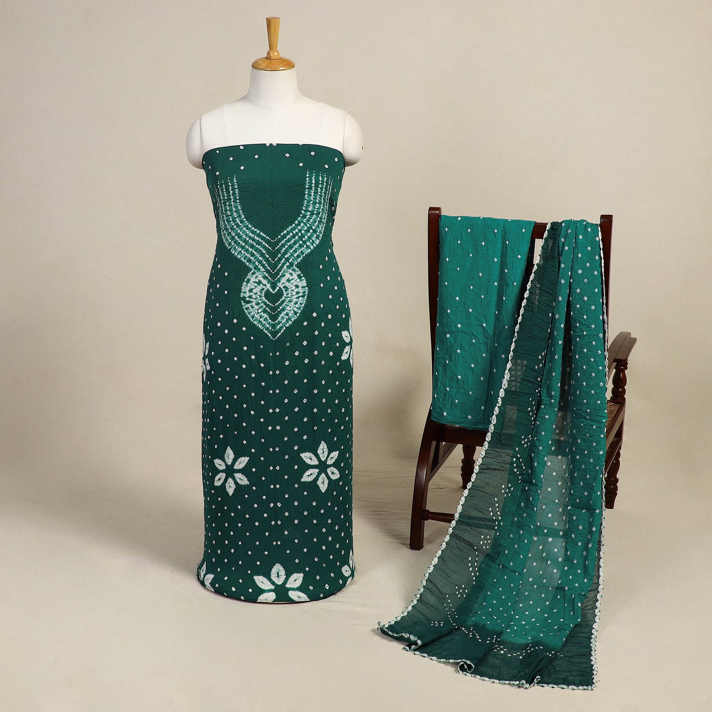 Green 3pc Kutch Tie-Dye Satin Cotton Bandhani Dress Material