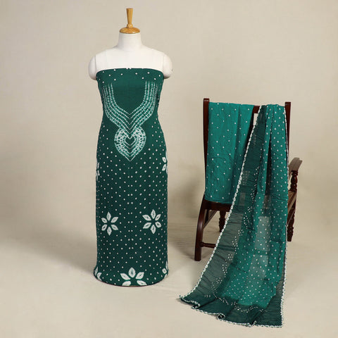 Green 3pc Kutch Tie-Dye Satin Cotton Bandhani Dress Material