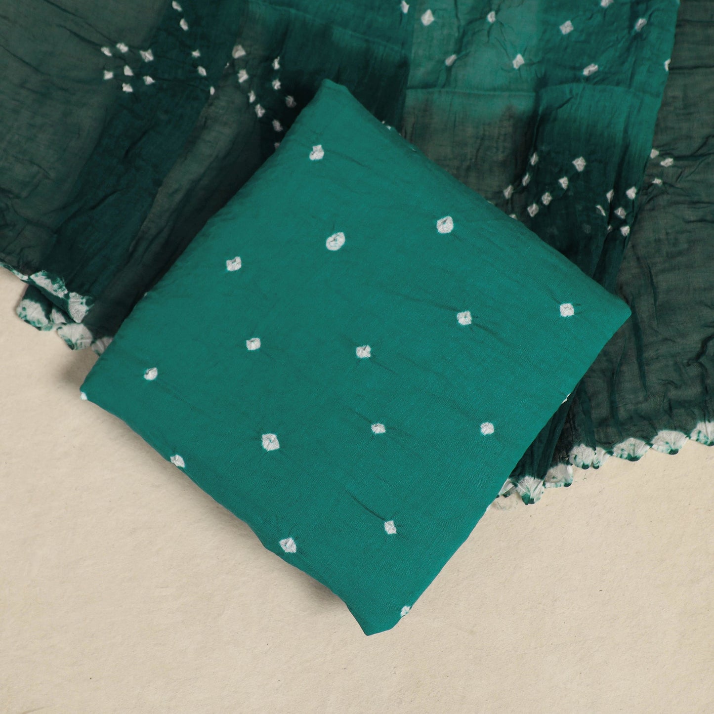 Green 3pc Kutch Tie-Dye Satin Cotton Bandhani Dress Material