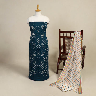 Green 3pc Kutch Tie-Dye Satin Cotton Bandhani Dress Material