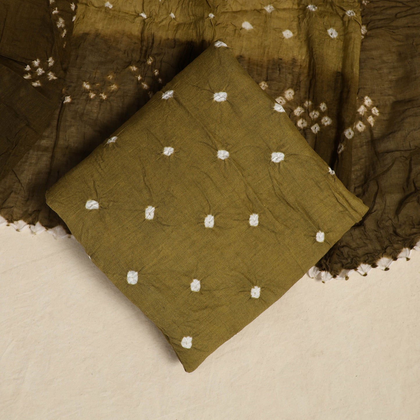 Green 3pc Kutch Tie-Dye Satin Cotton Bandhani Dress Material