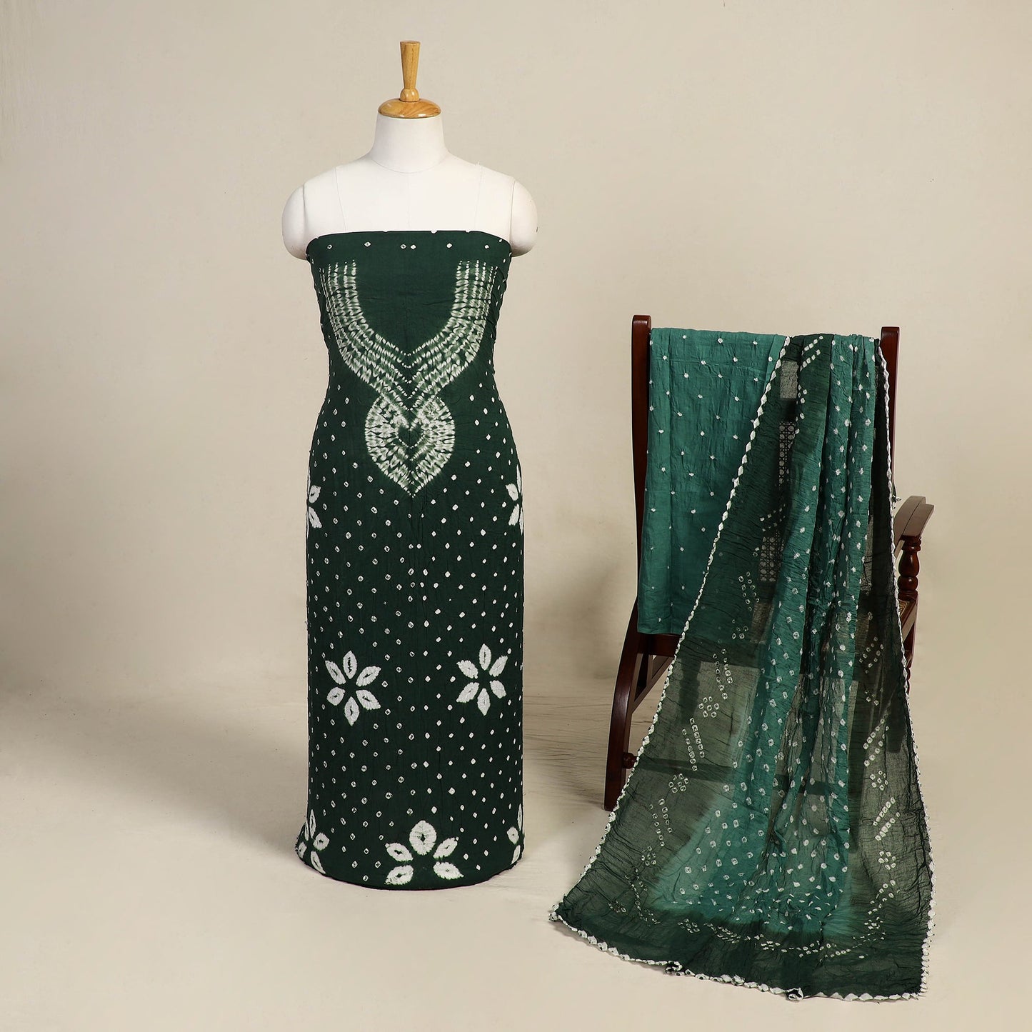 Green 3pc Kutch Tie-Dye Satin Cotton Bandhani Dress Material