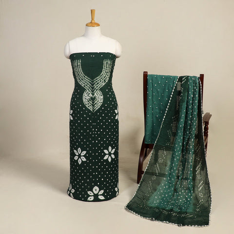 Green 3pc Kutch Tie-Dye Satin Cotton Bandhani Dress Material