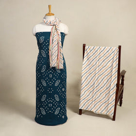 Green 3pc Kutch Tie-Dye Satin Cotton Bandhani Dress Material