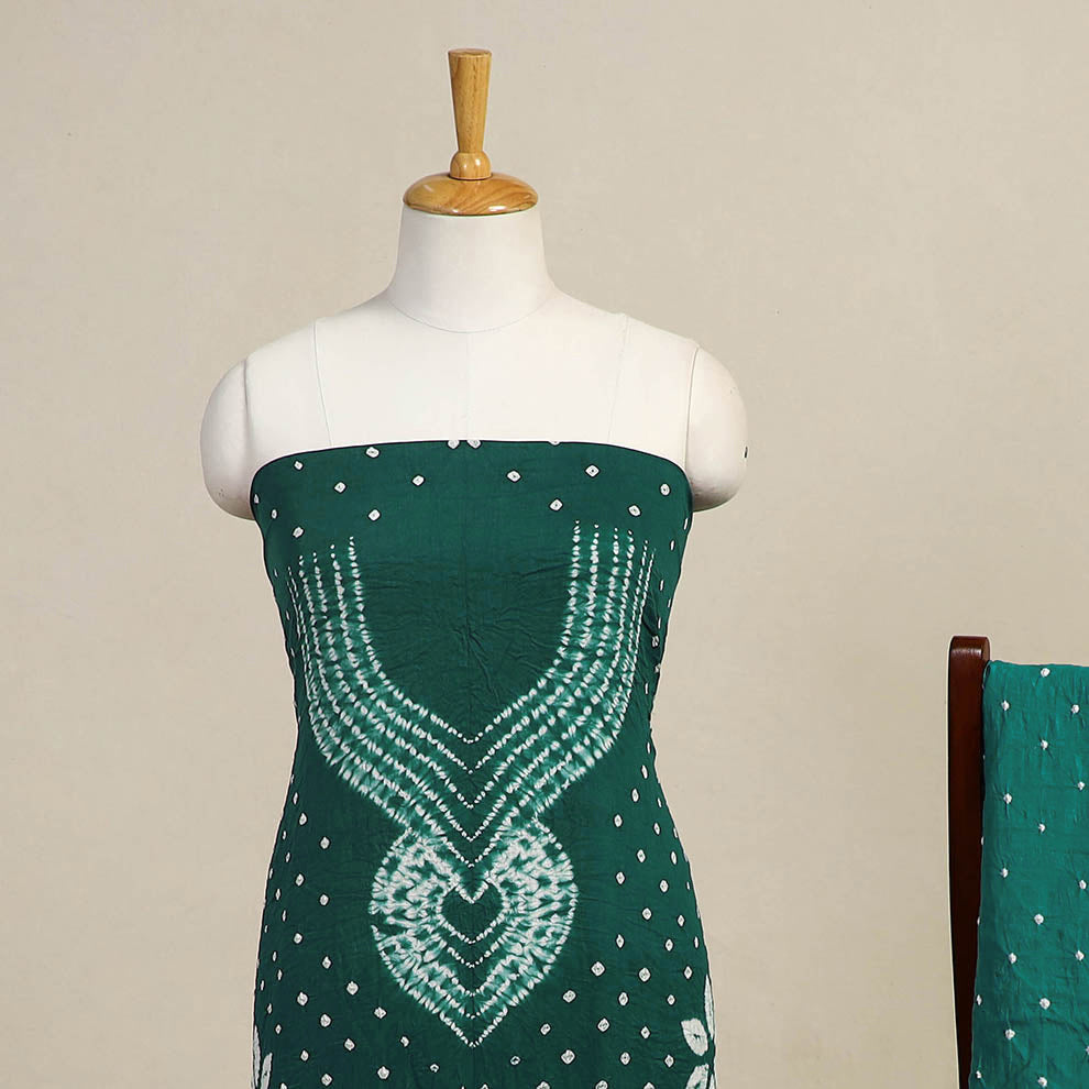 Green 3pc Kutch Tie-Dye Satin Cotton Bandhani Dress Material