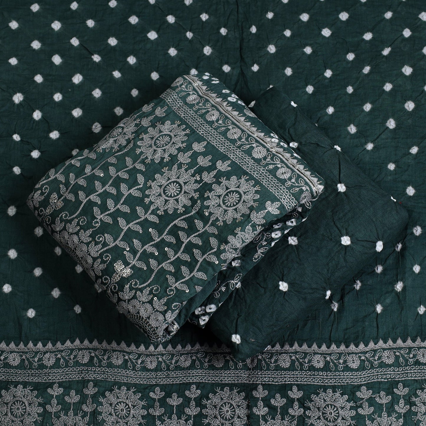 Green - 3pc kutch tie-dye satin cotton bandhni unstitched