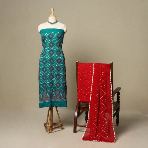 Green - 3pc kutch tie-dye satin cotton unstitched bandhani