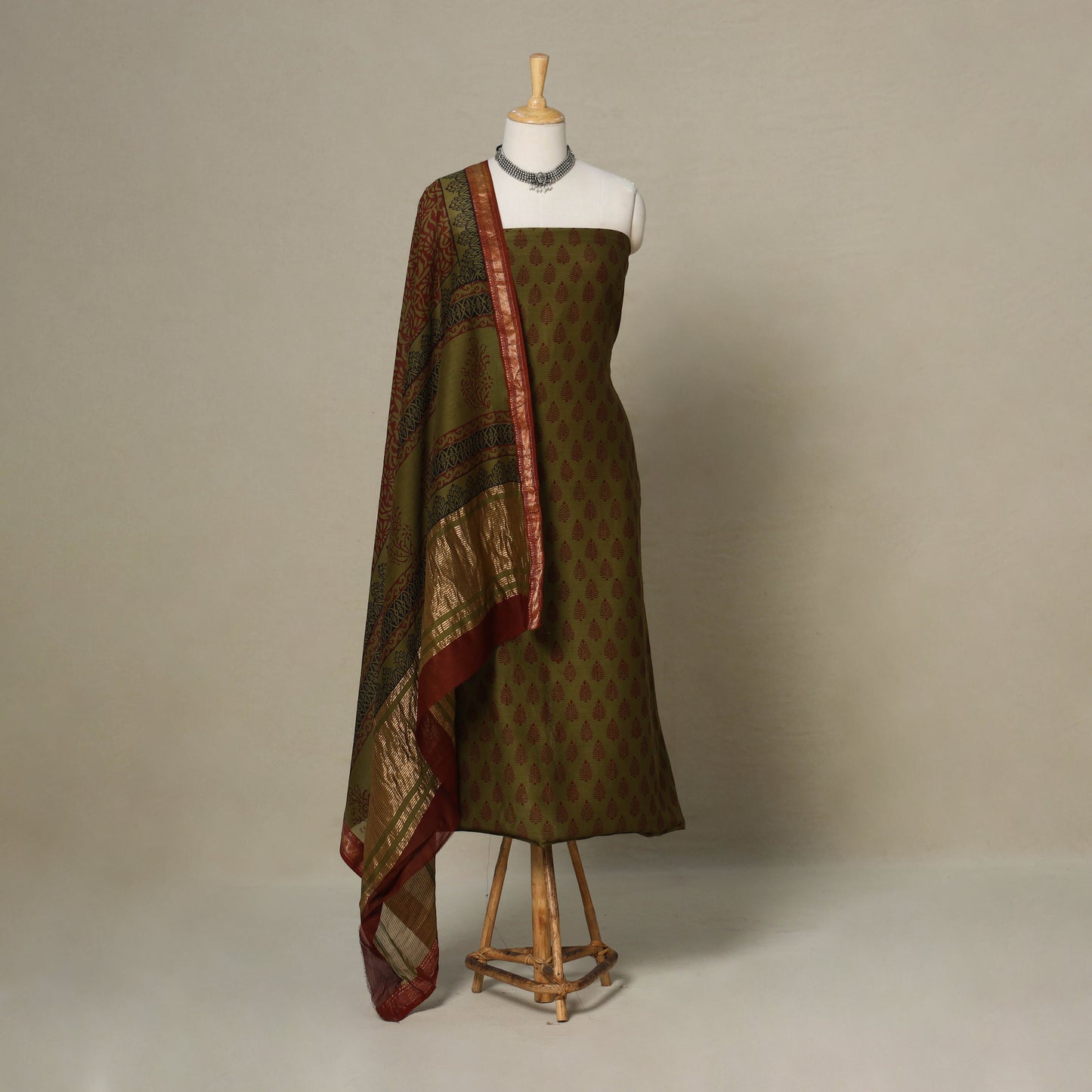 Green - 3pc maheshwari silk unstitched bagh dress material