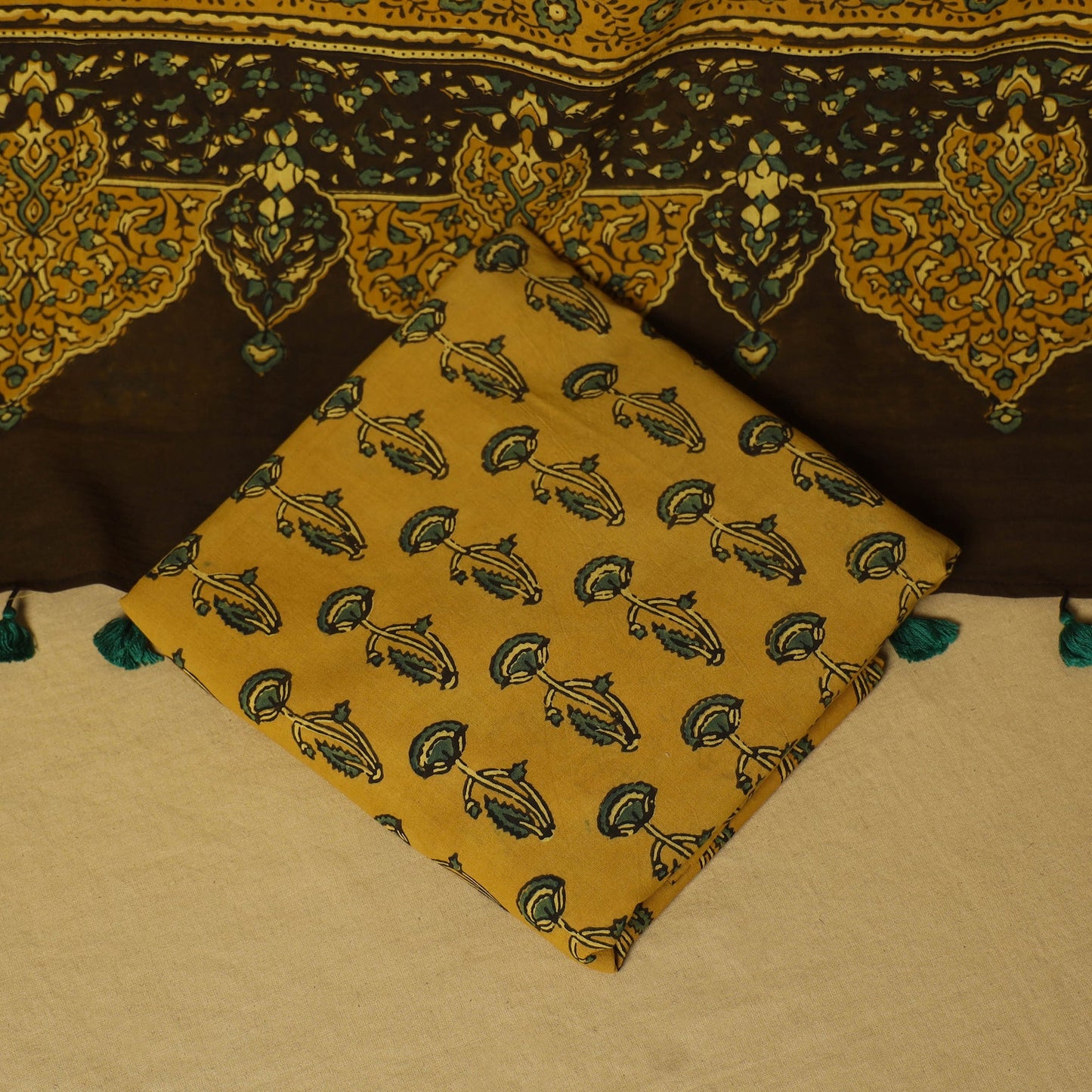 Green - 3pc natural dyed cotton unstitched dress material