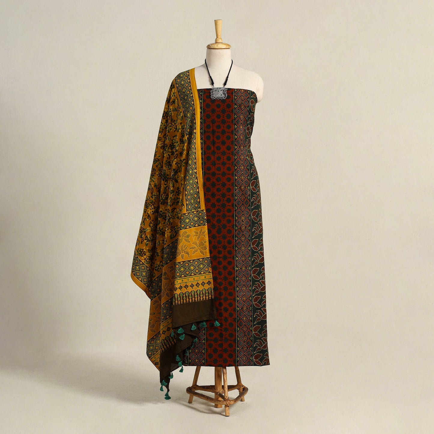 Green 3pc Block Print Natural Dyed Ajrakh Dress Material