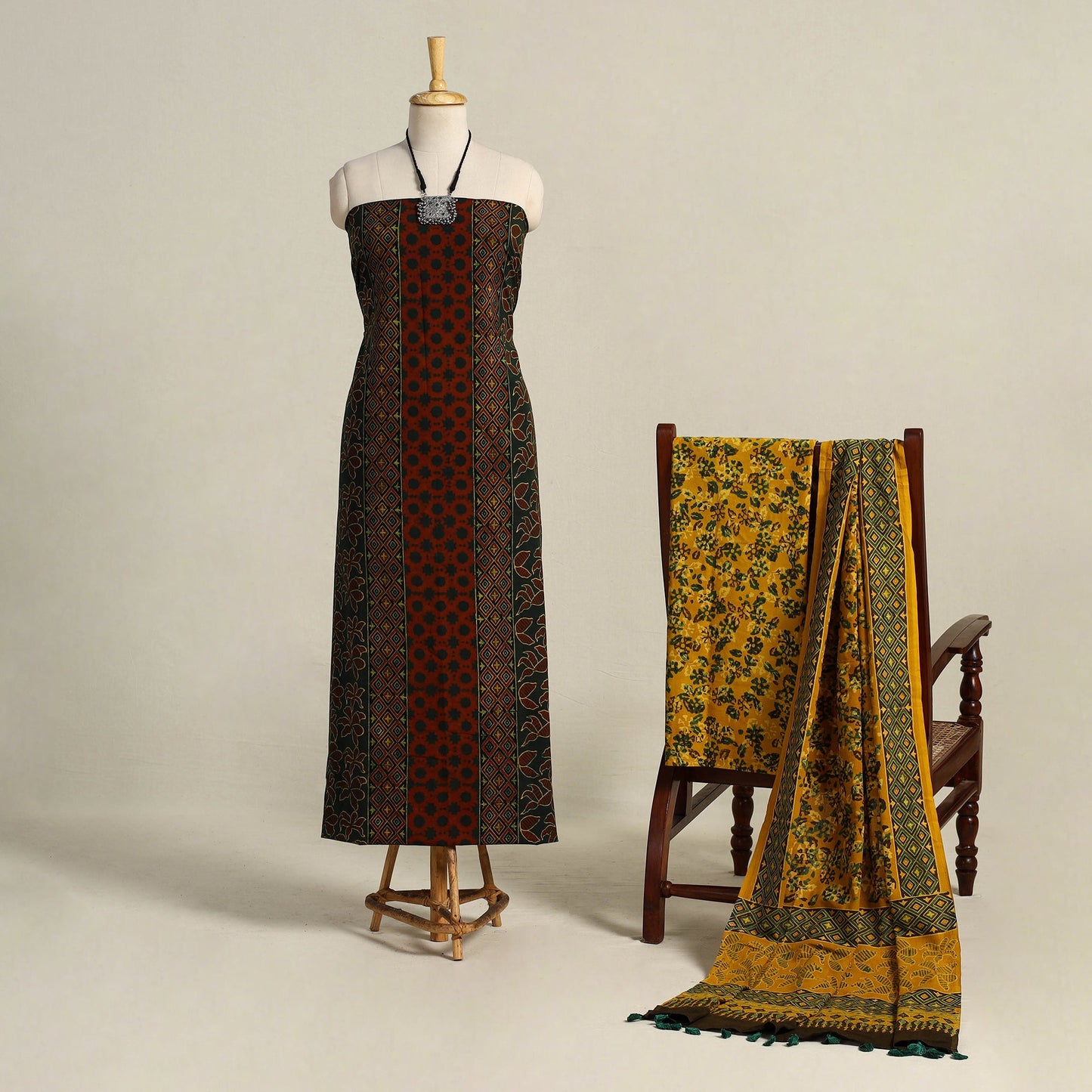 Green 3pc Block Print Natural Dyed Ajrakh Dress Material