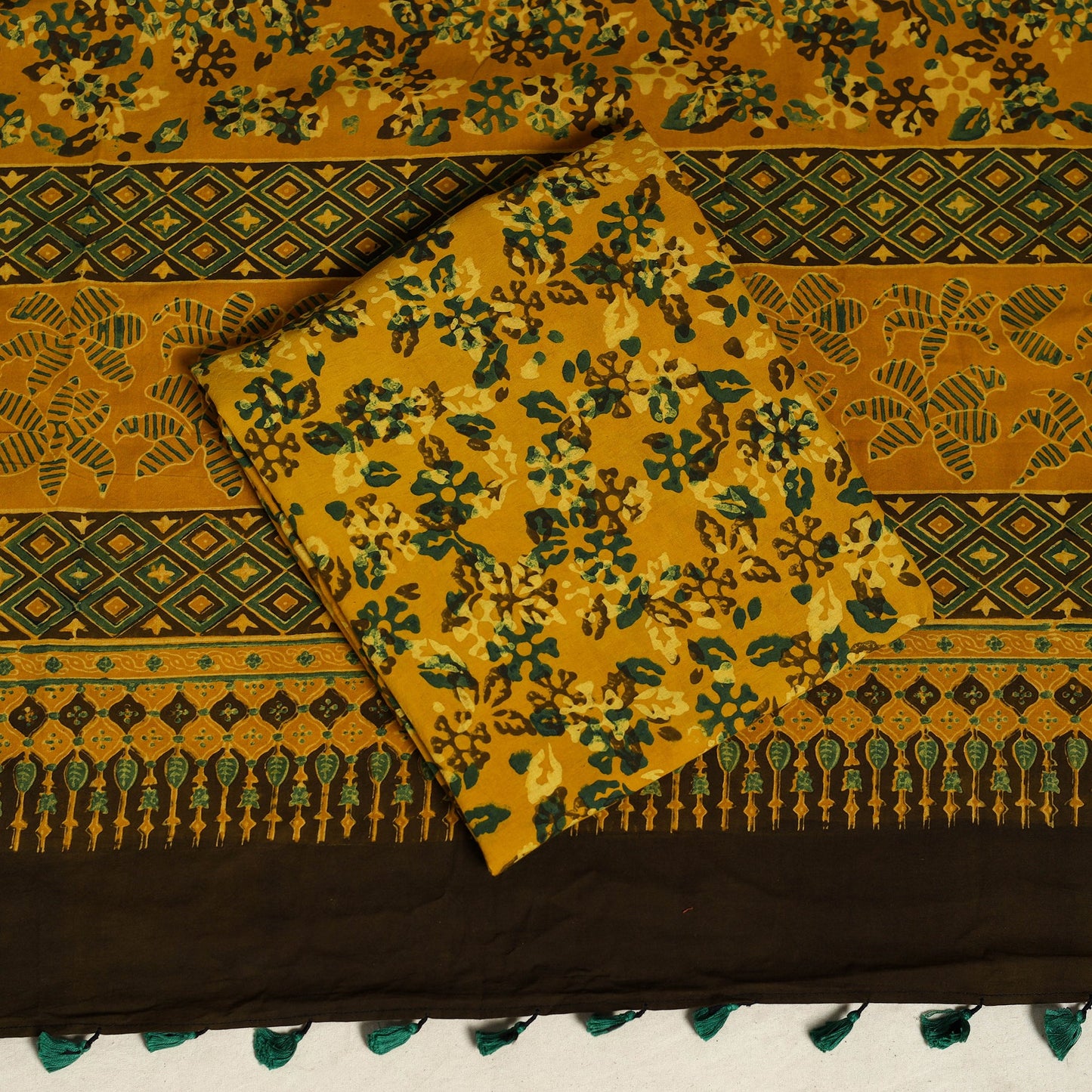 Green 3pc Block Print Natural Dyed Ajrakh Dress Material