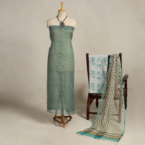 Green 3pc Sanganeri Block Print Kota Cotton Dress Material