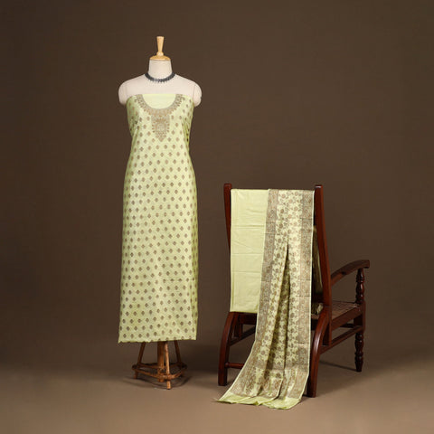 Green - 3pc silk cotton thread work unstitched banarasi